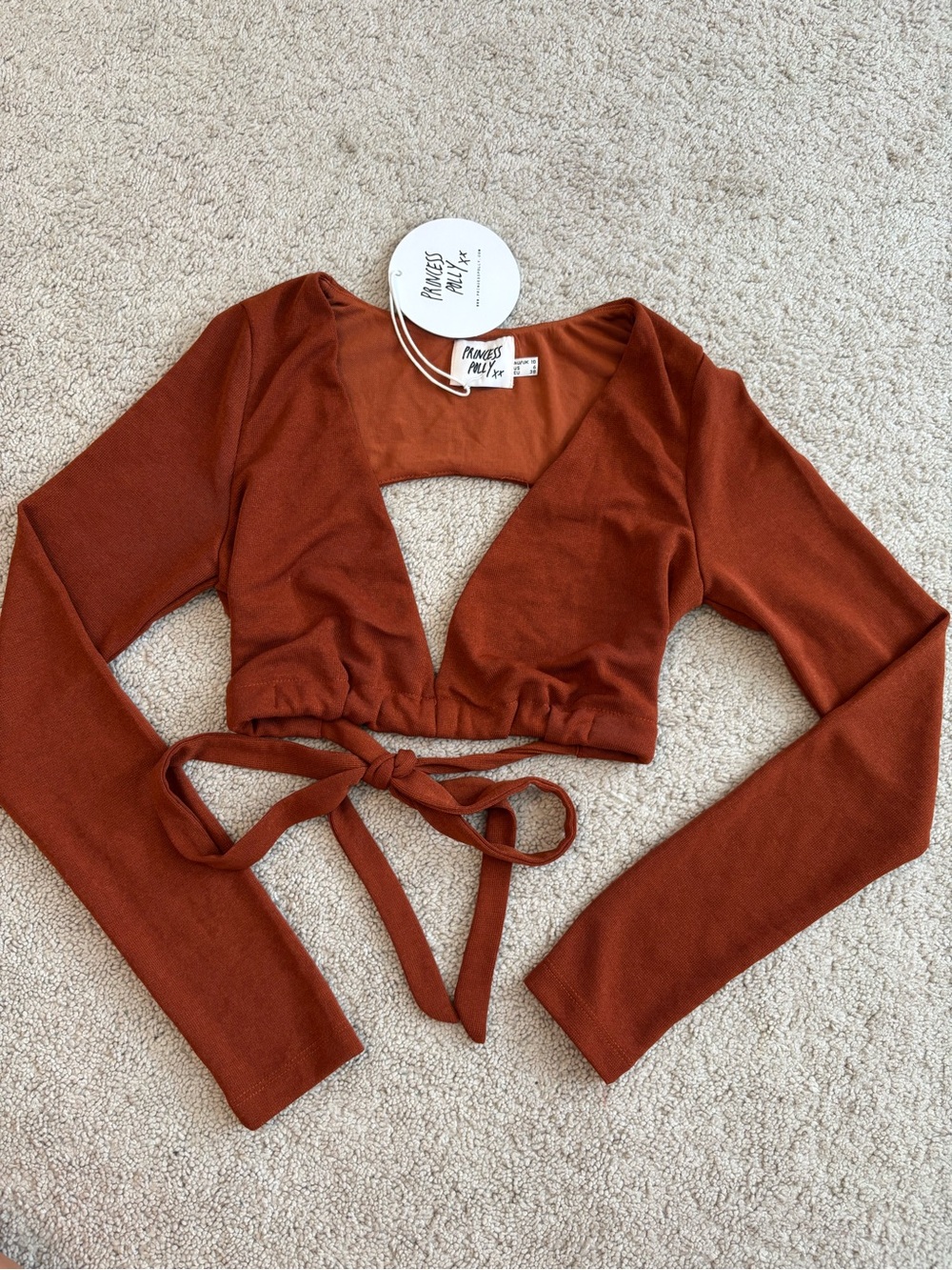 Princess Polly Rust Tie-Front Long Sleeve Crop Top
